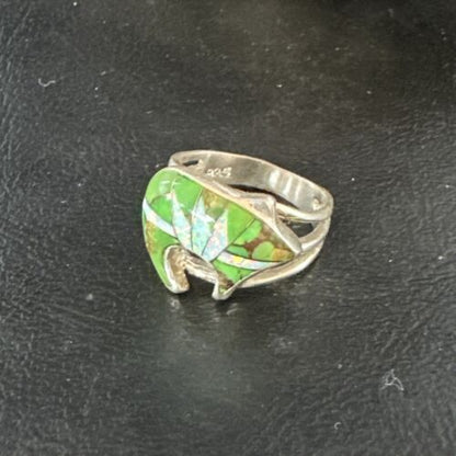 Navajo Bear Inlay Ring | Opal Green Turquoise | Sz 9.5 | Authentic Native American Handmade | 15396