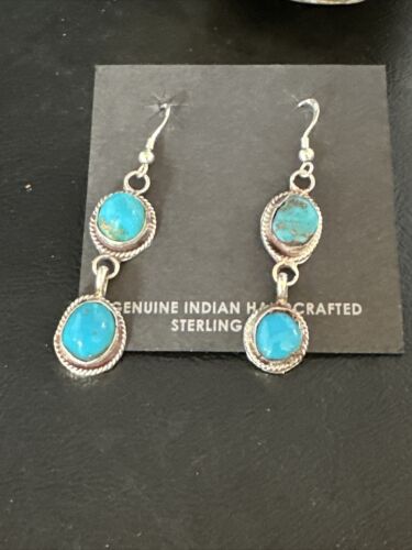 Kingman Turquoise Dangle Earrings | Navajo Sterling Silver | Authentic Native American Handmade | 14865