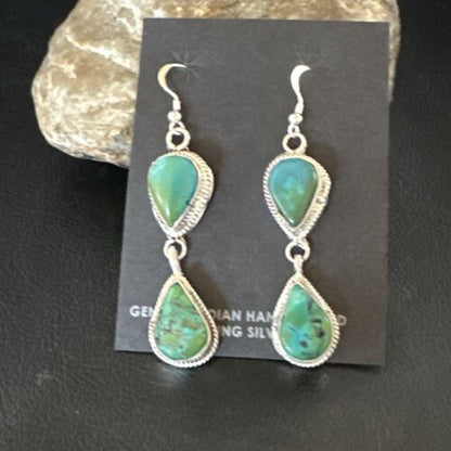 Navajo Green Royston Turquoise Dangle Earrings | Sterling Silver | Authentic Native American Handmade | 16494