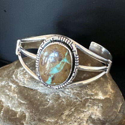 Navajo Green Boulder Turquoise Cuff Bracelet | Sterling Silver | Authentic Native American Handmade | 16244