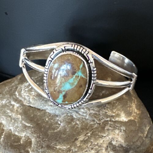 Navajo Green Boulder Turquoise Cuff Bracelet | Sterling Silver | Authentic Native American Handmade | 16244