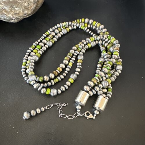 Navajo Pearls Green Turquoise Necklace | Sterling Silver | 3 Strand | 16403