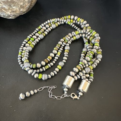 Navajo Pearls Green Turquoise Necklace | Sterling Silver | 3 Strand | 16403