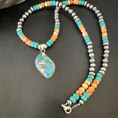 Navajo Spiny Turquoise Pendant Necklace | Sterling Silver | 22" | Authentic Native American Handmade | 17415
