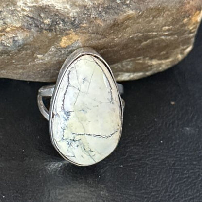 Men's Navajo White Buffalo Turquoise Ring | Sterling Silver | Sz 8.5 | Authentic Native American Handmade | 14744 - Masha USA
