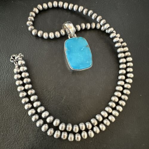Navajo Blue Kingman Turquoise Pendant Necklace | Sterling Silver | 20" | Authentic Native American Handmade | 16998