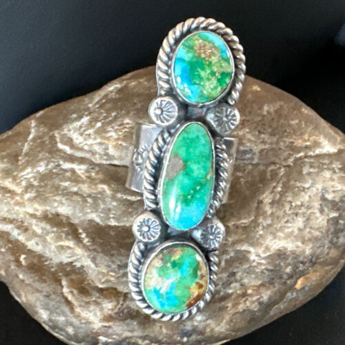 Navajo Green Sonoran Gold Turquoise Multi-Stone Ring | Authentic Native American Sterling Silver | Sz 8 | 16289