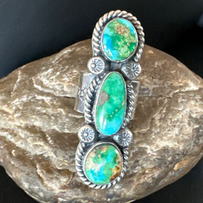 Navajo Green Sonoran Gold Turquoise Multi-Stone Ring | Authentic Native American Sterling Silver | Sz 8 | 16289