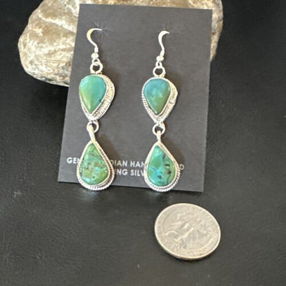 Navajo Green Royston Turquoise Dangle Earrings | Sterling Silver | Authentic Native American Handmade | 16494