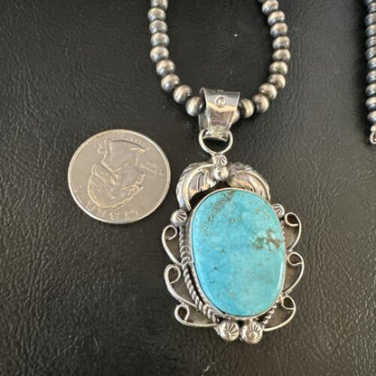 Navajo Kingman Turquoise Pendant Necklace | Sterling Silver Pearls | Authentic Native American Handmade | 15214