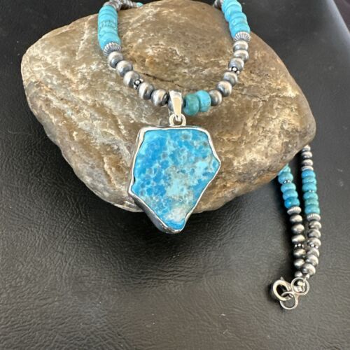 Men's Kingman Turquoise Pendant | Navajo Pearls Sterling Silver Necklace | Authentic Native American Handmade | 17212