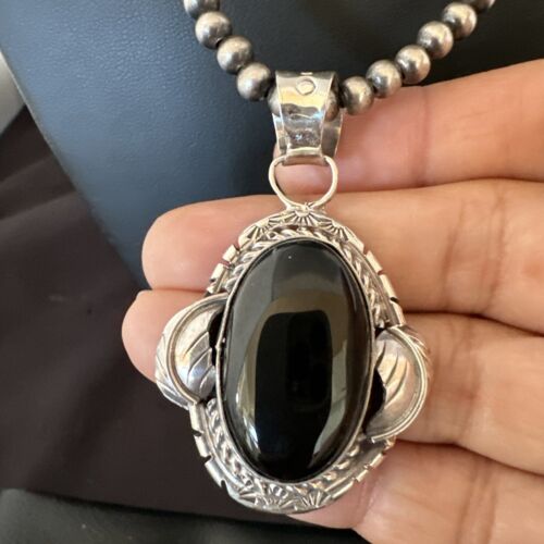 Navajo Pearls Black Onyx Necklace Pendant | Sterling Silver | Authentic Native American Handmade | 16533