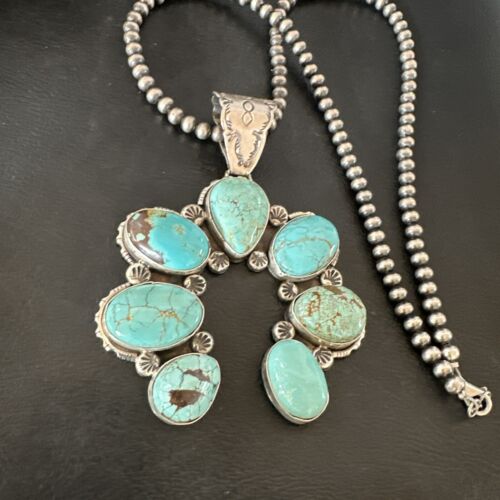 Navajo Blue Turquoise #8 Squash Blossom Naja Pendant Necklace | Sterling Silver | Authentic Native American Handmade | 16907