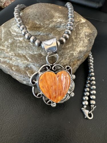 Navajo Orange Spiny Oyster Heart Pendant Necklace | Sterling Silver | Authentic Native American Handmade | 16423