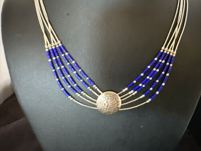 Concha Blue Lapis Heishi | Navajo Liquid Sterling Silver Necklace | 5 Strand | 20" | 15874