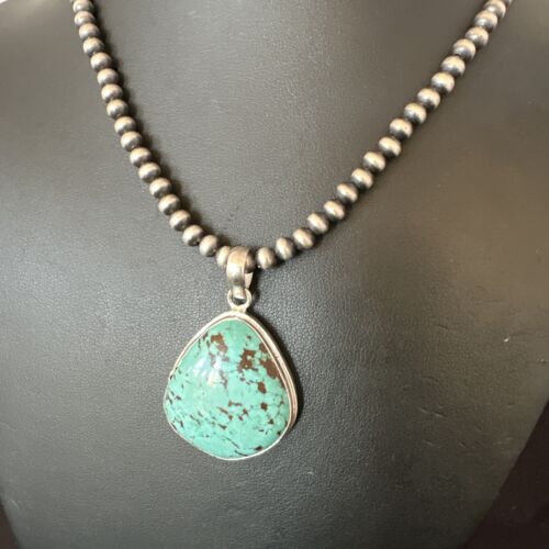 Men's Navajo Blue Spiderweb Turquoise Pendant Necklace | Sterling Silver | Authentic Native American Handmade | 16229