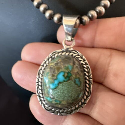 Navajo Blue Boulder Turquoise Necklace Pendant | Sterling Silver | Authentic Native American Handmade | 16801