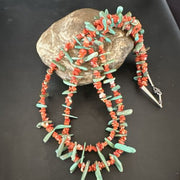Navajo Green Turquoise Coral Stick Bead Necklace | Sterling Silver | 22" | Authentic Native American Handmade | 17255