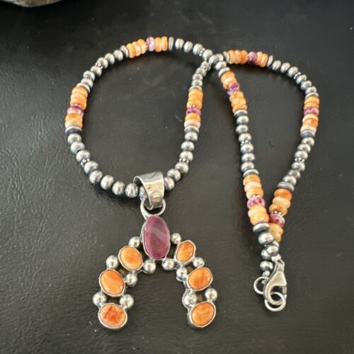 Navajo Pearls Orange Spiny Oyster Naja Pendant | Sterling Silver Necklace | Authentic Native American Handmade | 16802