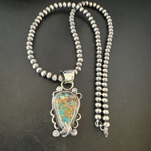 Navajo Blue Turquoise Pendant Necklace | Sterling Silver Pearls | Authentic Native American Handmade | 15657
