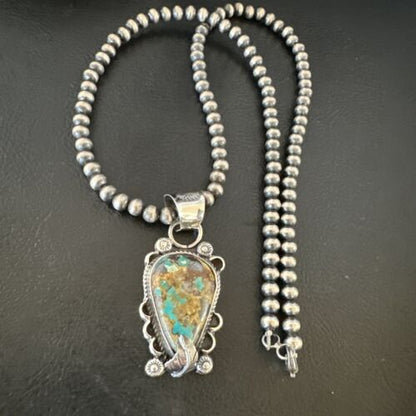 Navajo Blue Turquoise Pendant Necklace | Sterling Silver Pearls | Authentic Native American Handmade | 15657