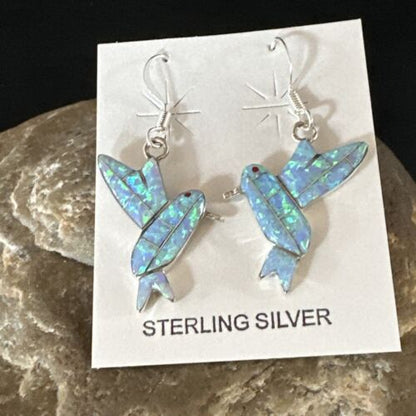 Navajo Blue Opal Hummingbird Earrings | Sterling Silver | 1" | Authentic Native American Handmade | 15088
