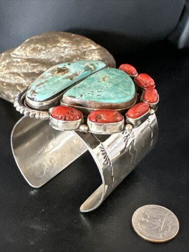 Navajo Green Royston Turquoise Coral Cuff Bracelet | Sterling Silver | Authentic Native American Handmade | 15309