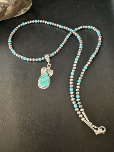 Navajo Pearls Kingman Turquoise Pendant Necklace | Sterling Silver | Authentic Native American Handmade | 14892
