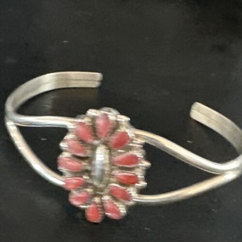 Navajo Red Coral Cluster Cuff Bracelet | Sterling Silver | Authentic Native American Handmade | 15245