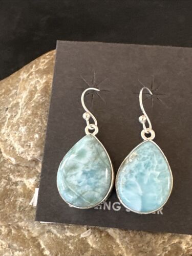Navajo Blue Larimar Dangle Earrings | Sterling Silver | Authentic Native American Handmade | 17291