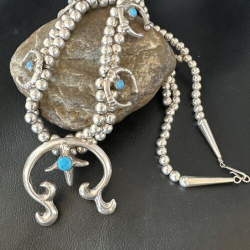Navajo Blue Turquoise Naja Pendant Squash Blossom Necklace | Sterling Silver | Authentic Native American Handmade | 16172