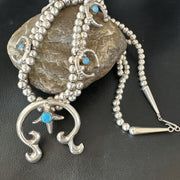 Navajo Blue Turquoise Naja Pendant Squash Blossom Necklace | Sterling Silver | Authentic Native American Handmade | 16172