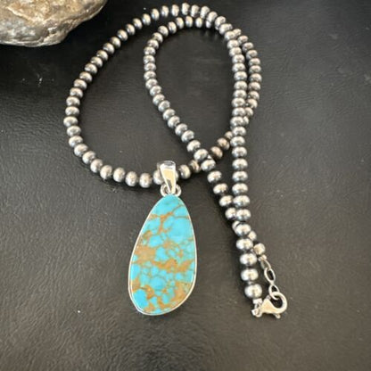 Navajo Blue Kingman Turquoise Pendant Necklace | Sterling Silver Pearls | 20" | Authentic Native American Handmade | 16673