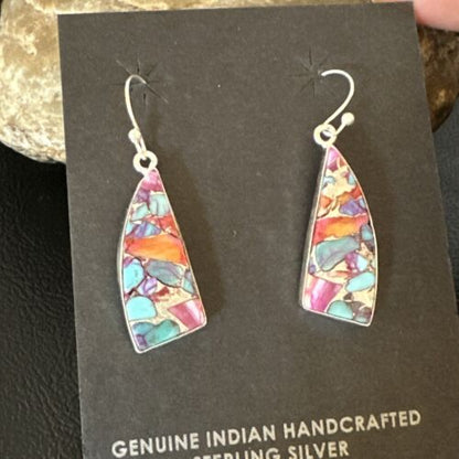 Navajo Blue Turquoise Red Spiny Oyster Inlay Dangle Earrings | Sterling Silver | 15575