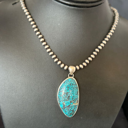 Men's Navajo Blue Spiderweb Turquoise Pendant Necklace | Sterling Silver | Authentic Native American Handmade | 16217