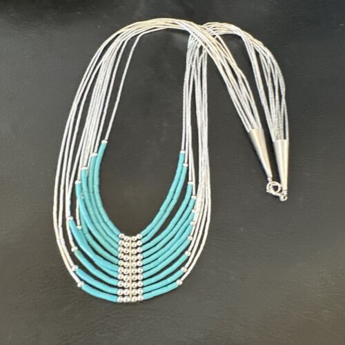 Navajo Blue Turquoise 10-Strand Heishi Necklace | Sterling Liquid Silver Tubes | 22" | 16448