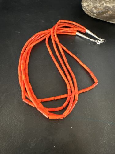 Navajo Orange Coral Tube Heishi Bead Necklace | Sterling Silver | 18" | Authentic Native American Handmade | 15281