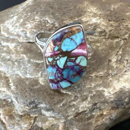 Navajo Blue Turquoise Purple Spiny Oyster Ring | Sterling Silver | Sz 8 | Authentic Native American Handmade | 16625