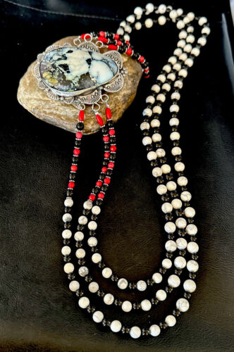 Navajo White Buffalo Turquoise and Coral Pendant Necklace | Sterling Silver | Authentic Native American Handmade | 15495