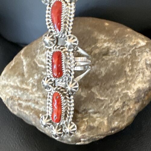 Navajo Red Coral Cluster Ring | Authentic Native American Sterling Silver | Multi-Stone | Sz 11.5 | 16329