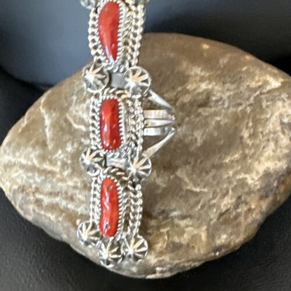 Navajo Red Coral Cluster Ring | Authentic Native American Sterling Silver | Multi-Stone | Sz 11.5 | 16329