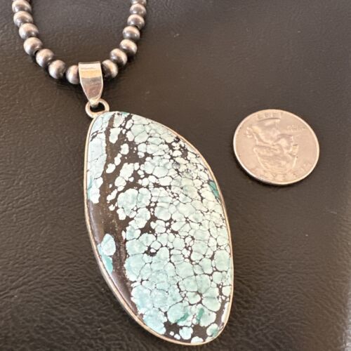 Men's Navajo Blue Spiderweb Turquoise Pendant Necklace | Sterling Silver | Authentic Native American Handmade | 16231
