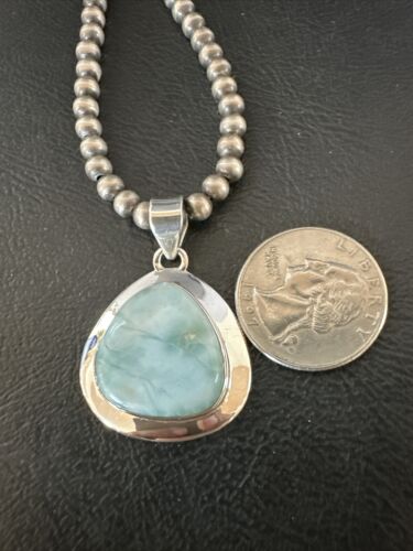 Navajo Blue Larimar Pendant Necklace | Sterling Silver Beads | Authentic Native American Handmade | 17605