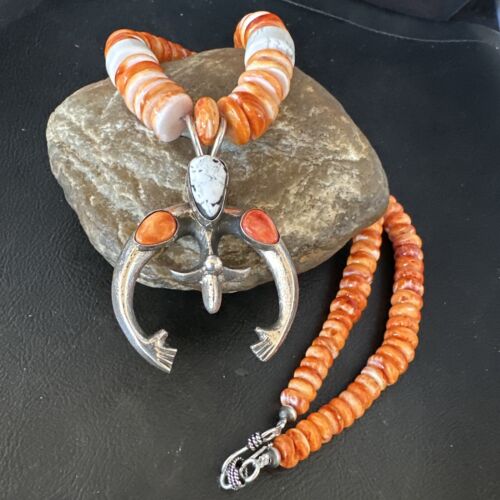 Navajo White Buffalo Turquoise Spiny Naja Pendant Necklace | Sterling Silver | 23" | 15027 - Masha USA