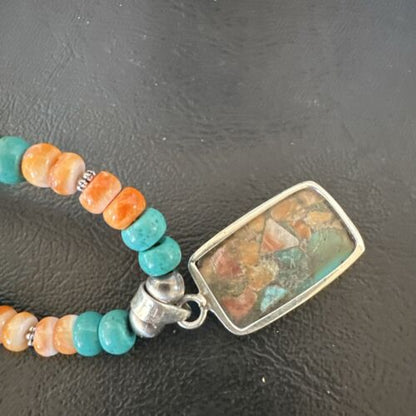 Navajo Spiny Turquoise Pendant Necklace | Sterling Silver | 22" | Authentic Native American Handmade | 17432