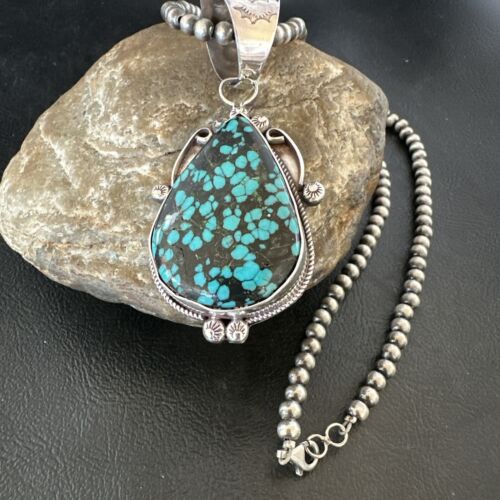 Men's Spiderweb Turquoise Pendant | Navajo Pearls Sterling Silver Necklace | Authentic Native American Handmade | 17067