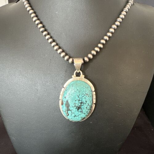 Men's Navajo Blue Spiderweb Turquoise Pendant Necklace | Sterling Silver | Authentic Native American Handmade | 16200