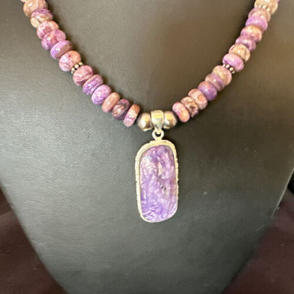 Navajo Purple Charoite Pendant with Pearls | Sterling Silver Necklace | Authentic Native American Handmade | 16338