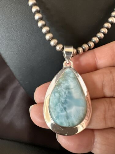 Navajo Blue Larimar Pendant Necklace | Sterling Silver Beads | Authentic Native American Handmade | 17603