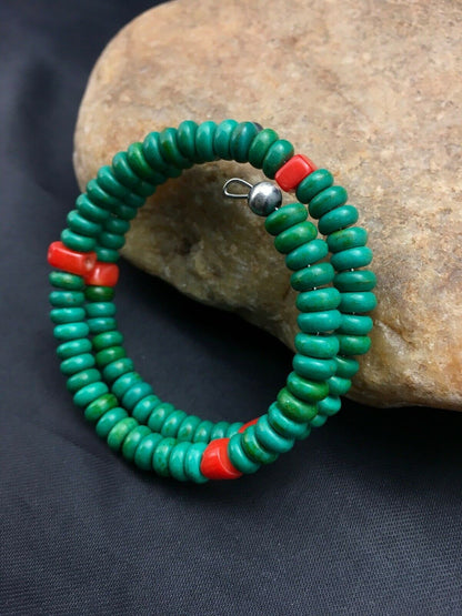 Native American Sterling Silver Bracelet | Coral & Green Turquoise | Handmade Southwestern Jewelry | 1075